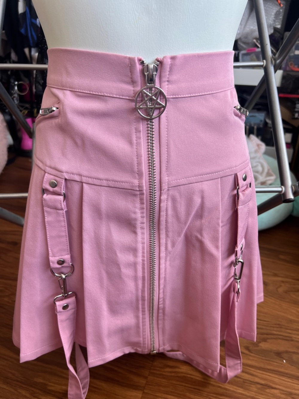 Killstar Pink Pleated Mini Skirt with Pentagram Zipper Pull